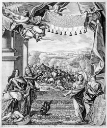 Die Schlacht von Malplaquet, 11. September 1709, graviert von Jeremias Wolff und Johann August Corninus